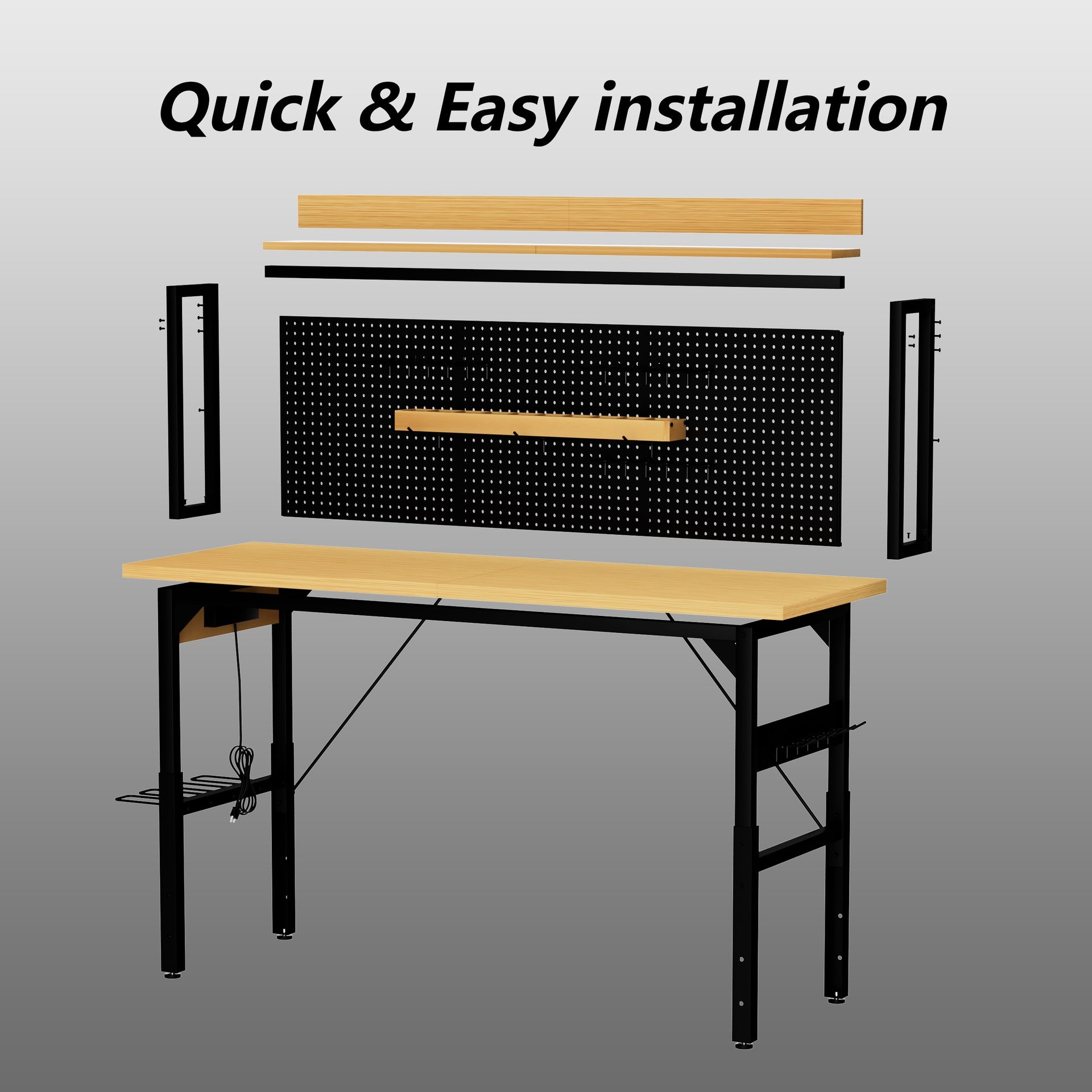 71''Adjustable Workbench with pegboard, Heavy Duty Wooden Desktop Workbench with Wheels, 1600 lb. Load Capacity, Rolling Workbench with AC/USB Outlet, Hooks, Shelf, for Garage, Workshop, Office, Home.