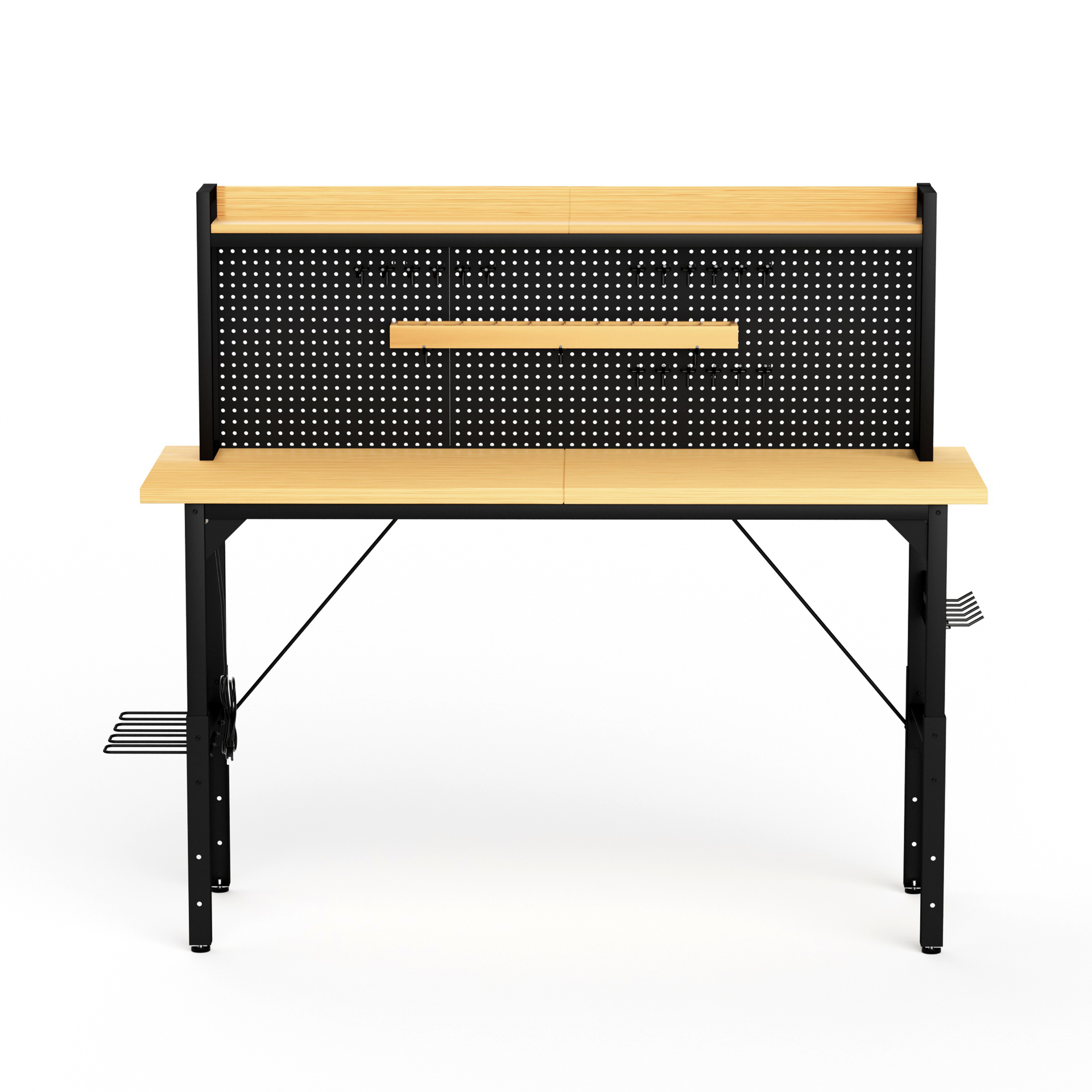 71''Adjustable Workbench with pegboard, Heavy Duty Wooden Desktop Workbench with Wheels, 1600 lb. Load Capacity, Rolling Workbench with AC/USB Outlet, Hooks, Shelf, for Garage, Workshop, Office, Home.