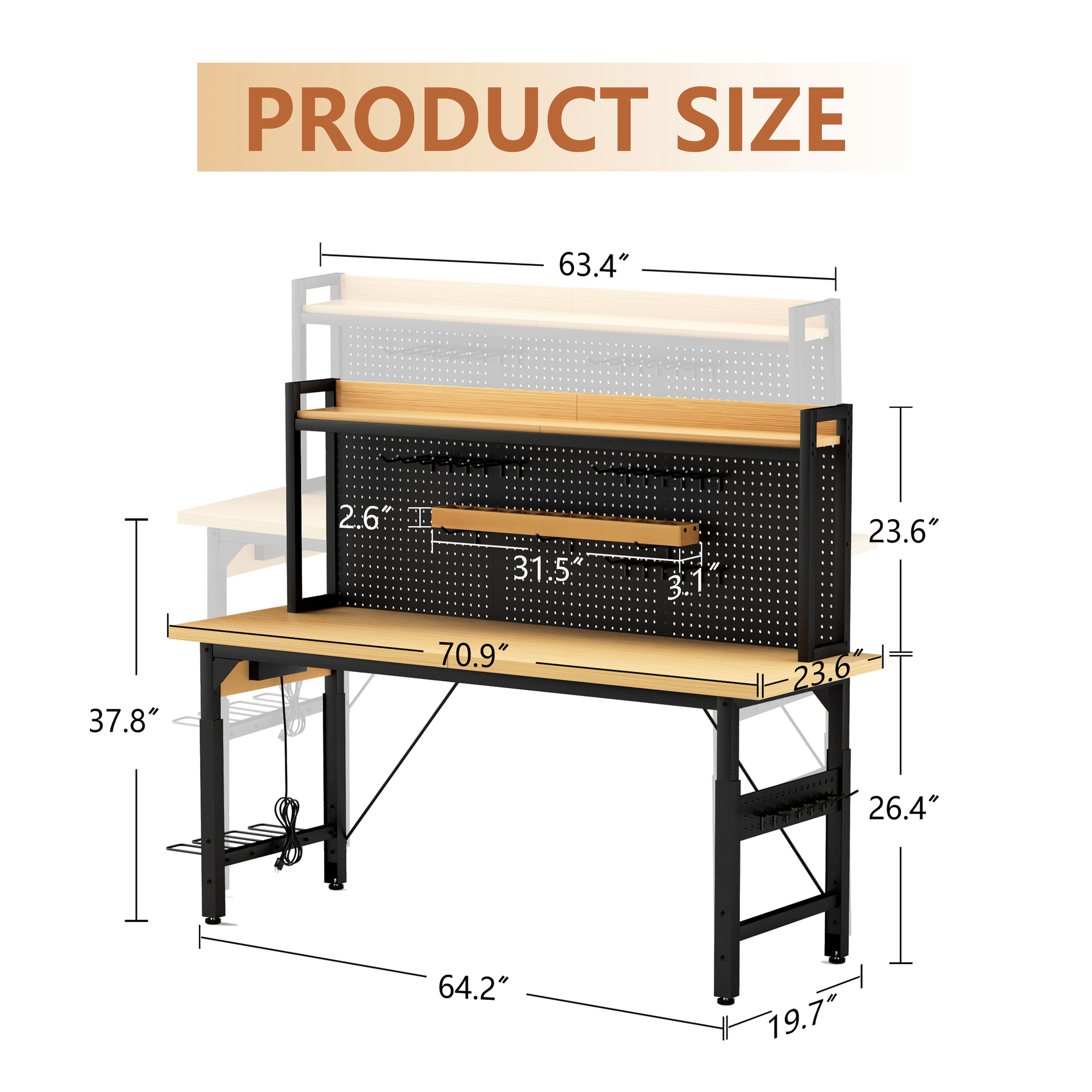 71''Adjustable Workbench with pegboard, Heavy Duty Wooden Desktop Workbench with Wheels, 1600 lb. Load Capacity, Rolling Workbench with AC/USB Outlet, Hooks, Shelf, for Garage, Workshop, Office, Home.