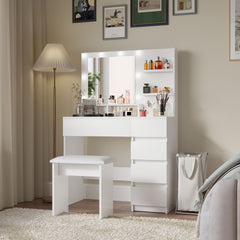 Vanity, Makeup Vanity Desk Set with Mirror & Light, Dressing Table Storage Lots , 3 Lighting Modes with Adjustable Brightness, White with Stool