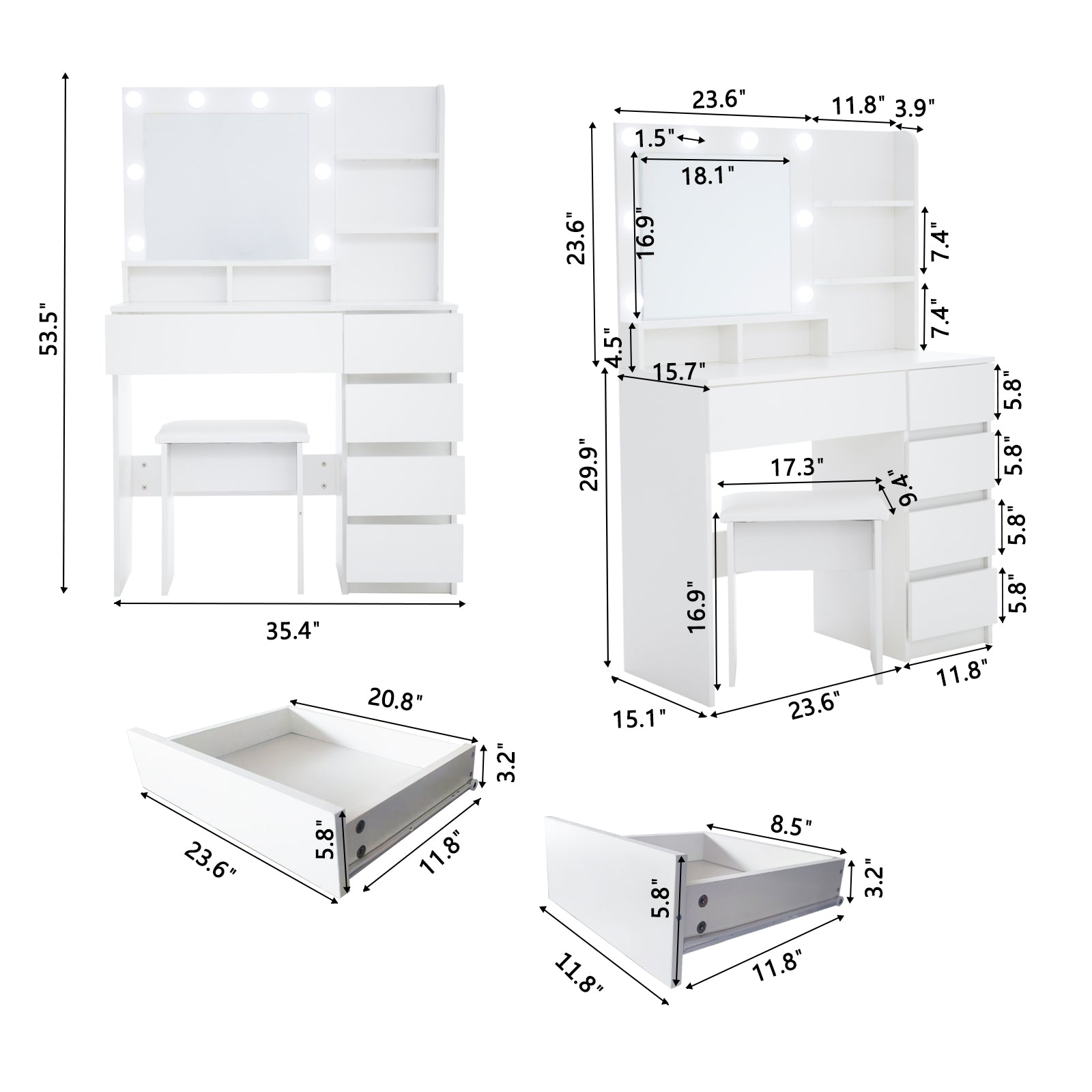 Vanity, Makeup Vanity Desk Set with Mirror & Light, Dressing Table Storage Lots , 3 Lighting Modes with Adjustable Brightness, White with Stool