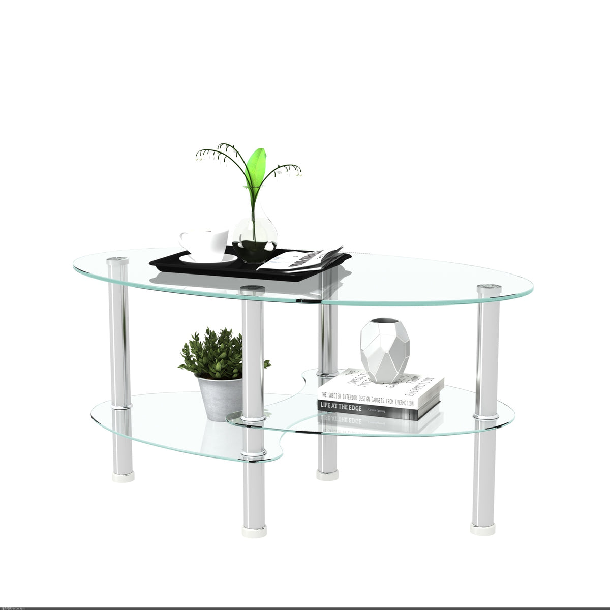 Transparent Oval glass coffee table, modern table with stainless steel  leg, tea table 3-layer glass table for living room