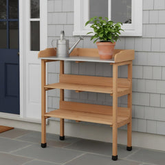 30″x14.5″×35.5″ Potting Table w/Metal Tabletop, 3 Layers Outdoor Work Bench w/Hook for Garden, Solid Wood Workstation for Garage