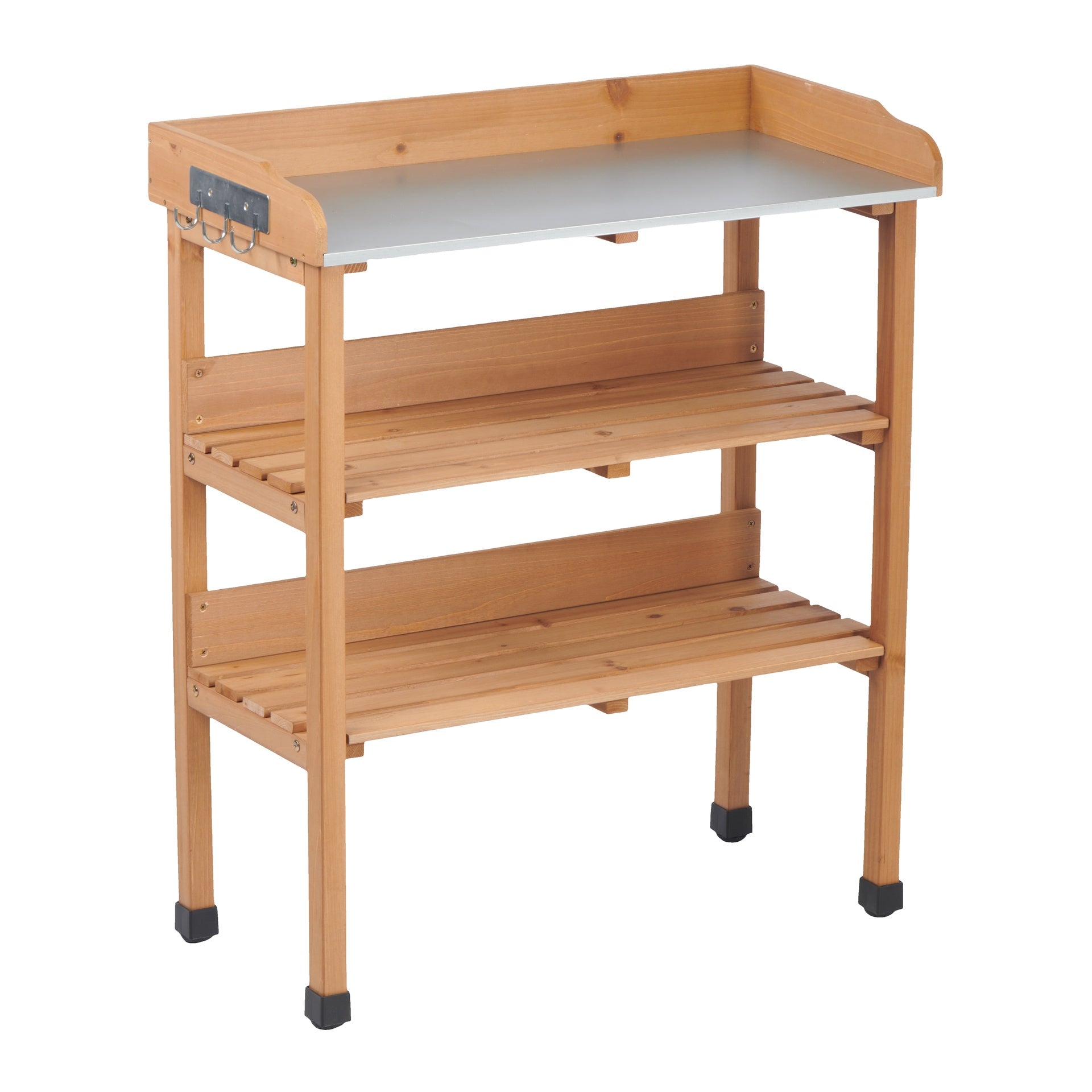 30″x14.5″×35.5″ Potting Table w/Metal Tabletop, 3 Layers Outdoor Work Bench w/Hook for Garden, Solid Wood Workstation for Garage