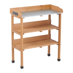 30″x14.5″×35.5″ Potting Table w/Metal Tabletop, 3 Layers Outdoor Work Bench w/Hook for Garden, Solid Wood Workstation for Garage
