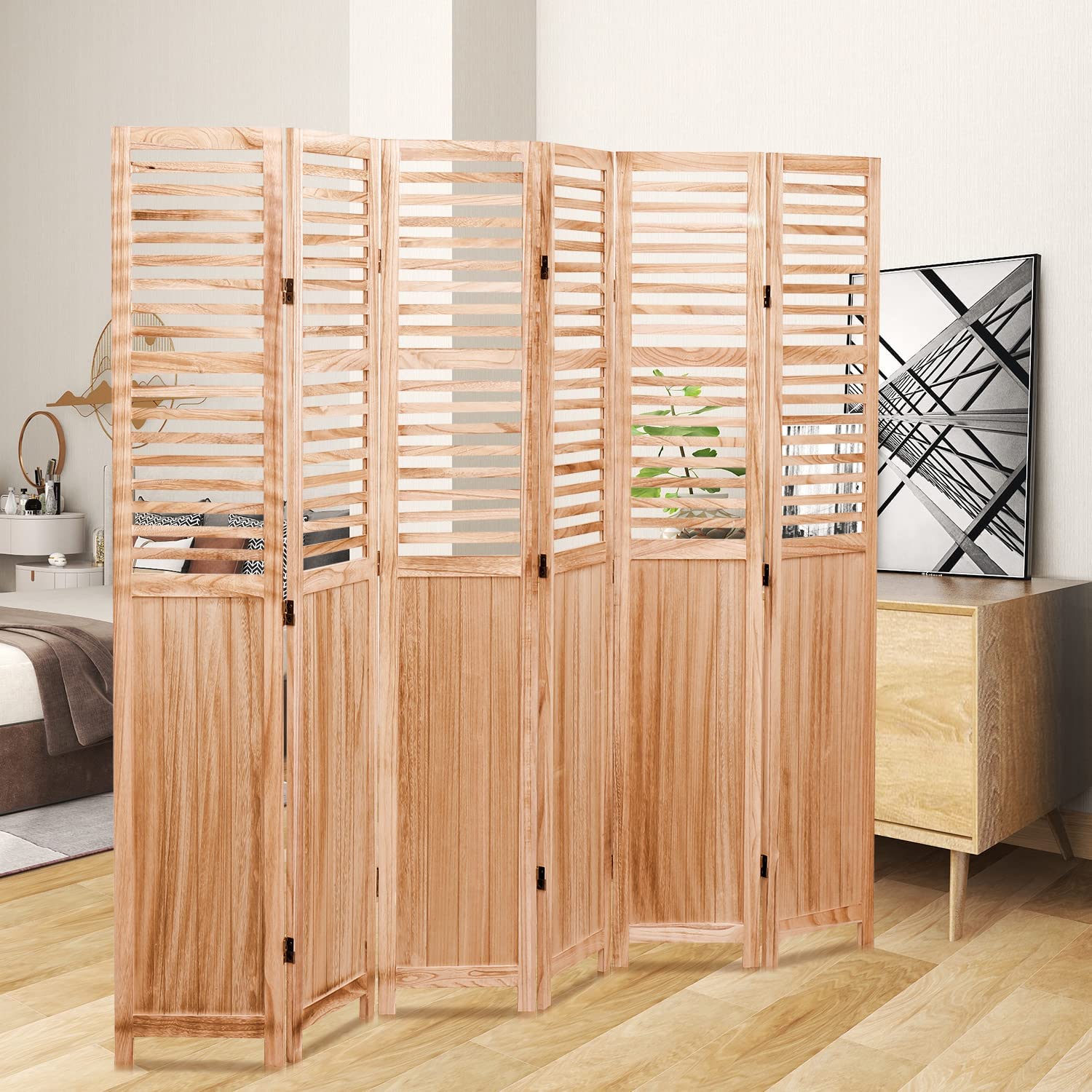 82.8'' W x 65'' H 6 - Panel Solid Wood Folding Room Divider, Natural