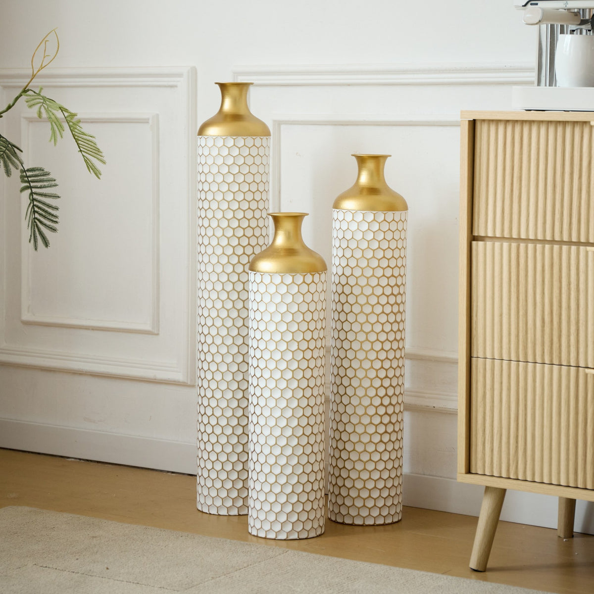 Floor metal vase modern style decoration home droplet shaped white metal vase 3-piece set gorgeous home decoration large glazed metal vase