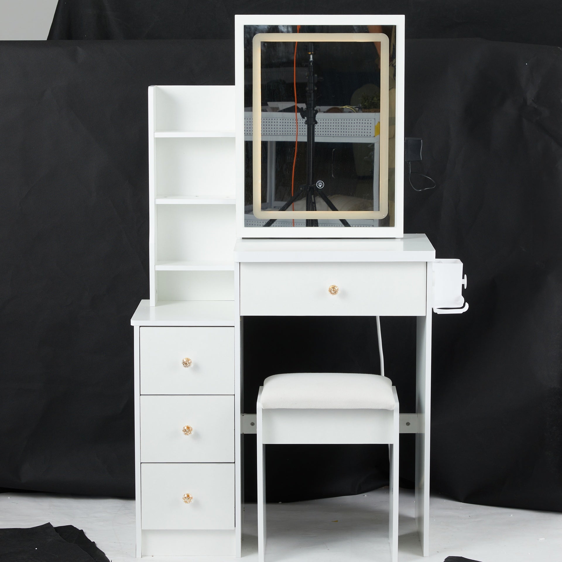 29.2 inch  Small Size Bedside Cabinet Vanity Table + Cushioned Stool, 2 AC+2 USB Power Station, Hair dryer bracket, Extra Large Touch Control Sliding LED Mirror, 3-color Switching, EPA, GCC, UL Certificate