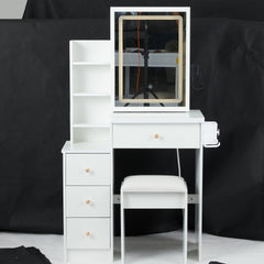 29.2 inch  Small Size Bedside Cabinet Vanity Table + Cushioned Stool, 2 AC+2 USB Power Station, Hair dryer bracket, Extra Large Touch Control Sliding LED Mirror, 3-color Switching, EPA, GCC, UL Certificate