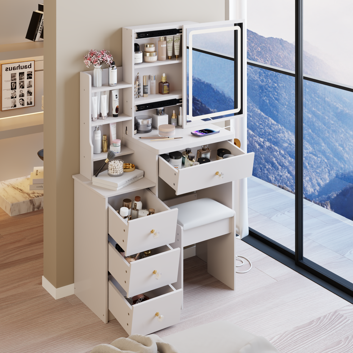 29.2 inch  Small Size Bedside Cabinet Vanity Table + Cushioned Stool, 2 AC+2 USB Power Station, Hair dryer bracket, Extra Large Touch Control Sliding LED Mirror, 3-color Switching, EPA, GCC, UL Certificate