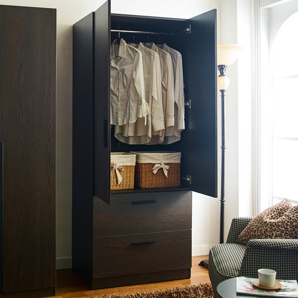 Brook Two-Door Wood Closet with Two Drawers and Hanging Bars in Dark Brown