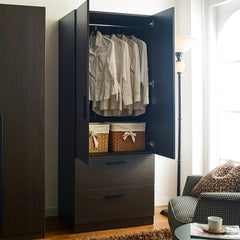 Brook Two-Door Wood Closet with Two Drawers and Hanging Bars in Dark Brown