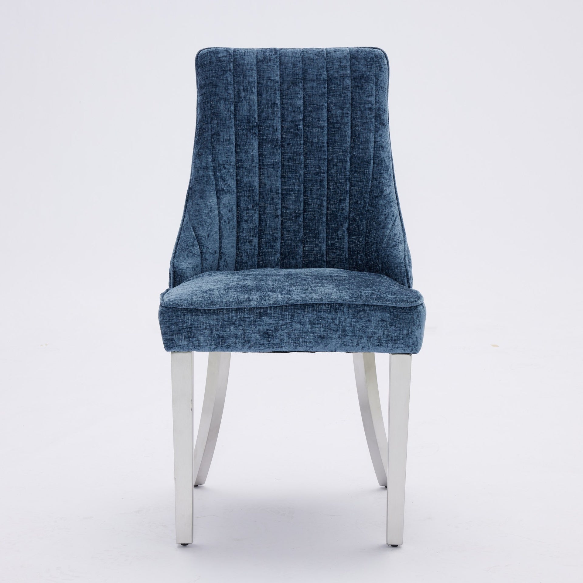 Rayon Cloth Flocking Chenille Dining Chairs Channel Kitchen Dinner Chair Comfy Fabric Upholstered Accent Chair for Dining Room with Silver Brushed Stainless Steel Legs,Set of 2 (Blue), SW1747BL