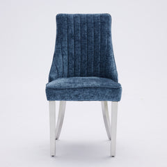 Rayon Cloth Flocking Chenille Dining Chairs Channel Kitchen Dinner Chair Comfy Fabric Upholstered Accent Chair for Dining Room with Silver Brushed Stainless Steel Legs,Set of 2 (Blue), SW1747BL
