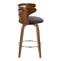 Cosini 26" Mid-Century Modern Fixed-Height Barstool with Swivel in Walnut Wood and Brown Faux Leather with Round Chrome Metal Footrest by LumiSource - Set of 2