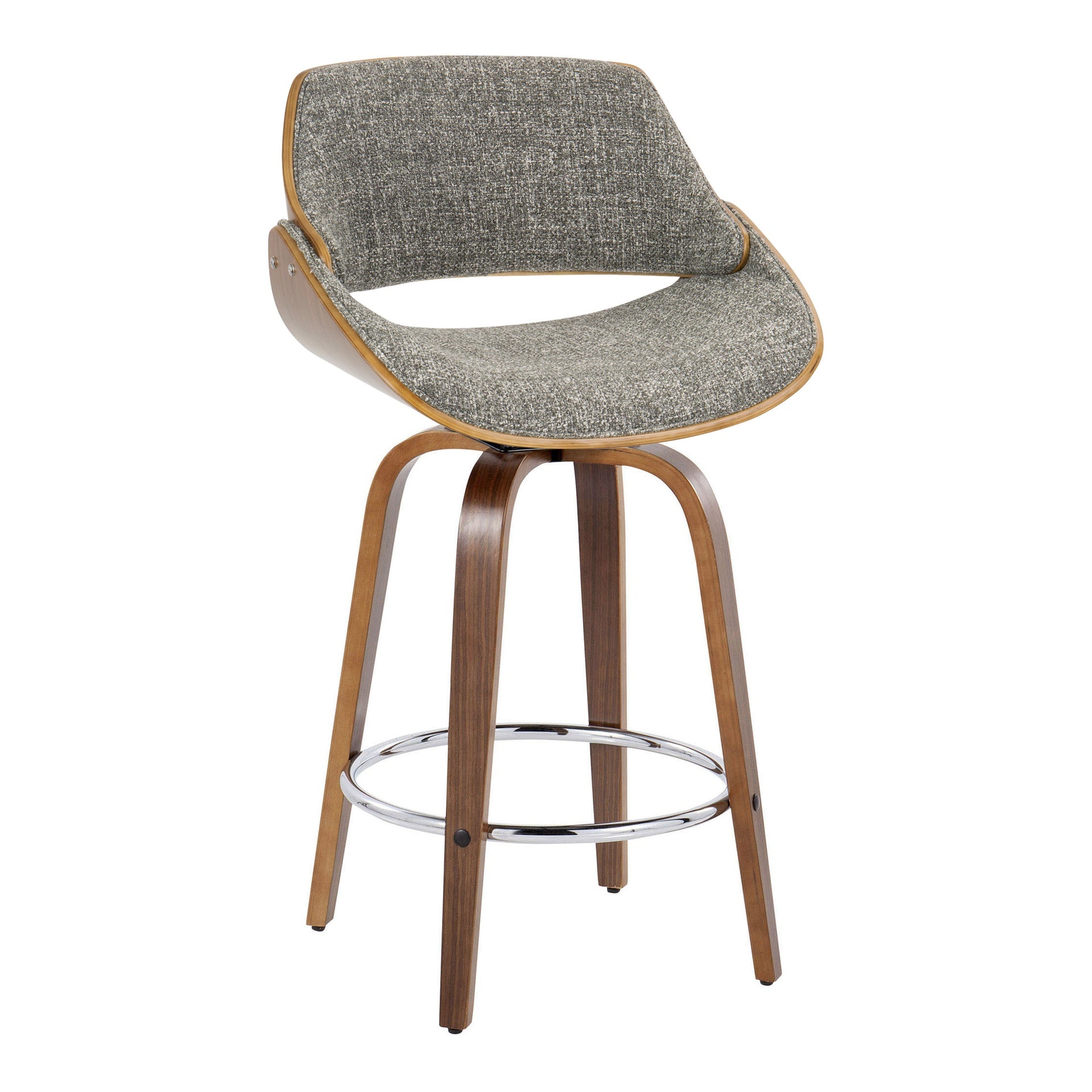 Fabrizzi 26" Mid-Century Modern Fixed-Height Counter Stool with Swivel in Walnut Wood and Noise Grey Fabric with Round Chrome Metal Footrest by LumiSource - Set of 2