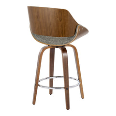 Fabrizzi 26" Mid-Century Modern Fixed-Height Counter Stool with Swivel in Walnut Wood and Noise Grey Fabric with Round Chrome Metal Footrest by LumiSource - Set of 2