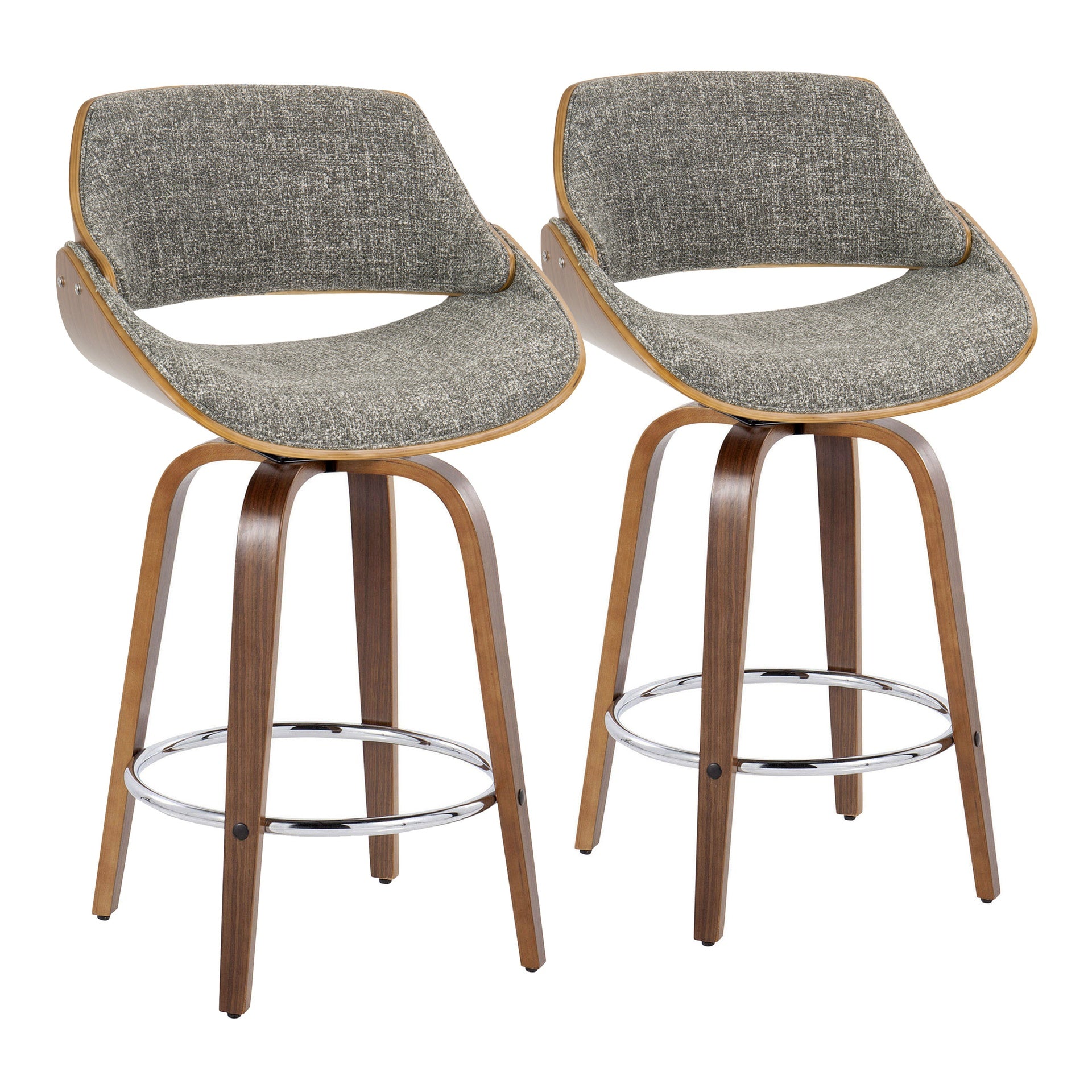 Fabrizzi 26" Mid-Century Modern Fixed-Height Counter Stool with Swivel in Walnut Wood and Noise Grey Fabric with Round Chrome Metal Footrest by LumiSource - Set of 2