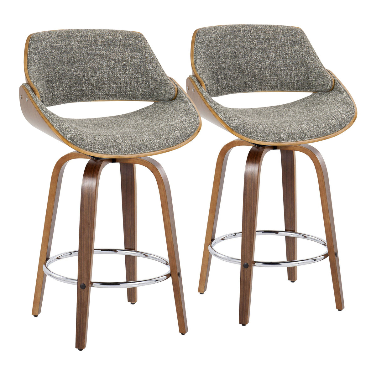 Fabrizzi 26" Mid-Century Modern Fixed-Height Counter Stool with Swivel in Walnut Wood and Noise Grey Fabric with Round Chrome Metal Footrest by LumiSource - Set of 2