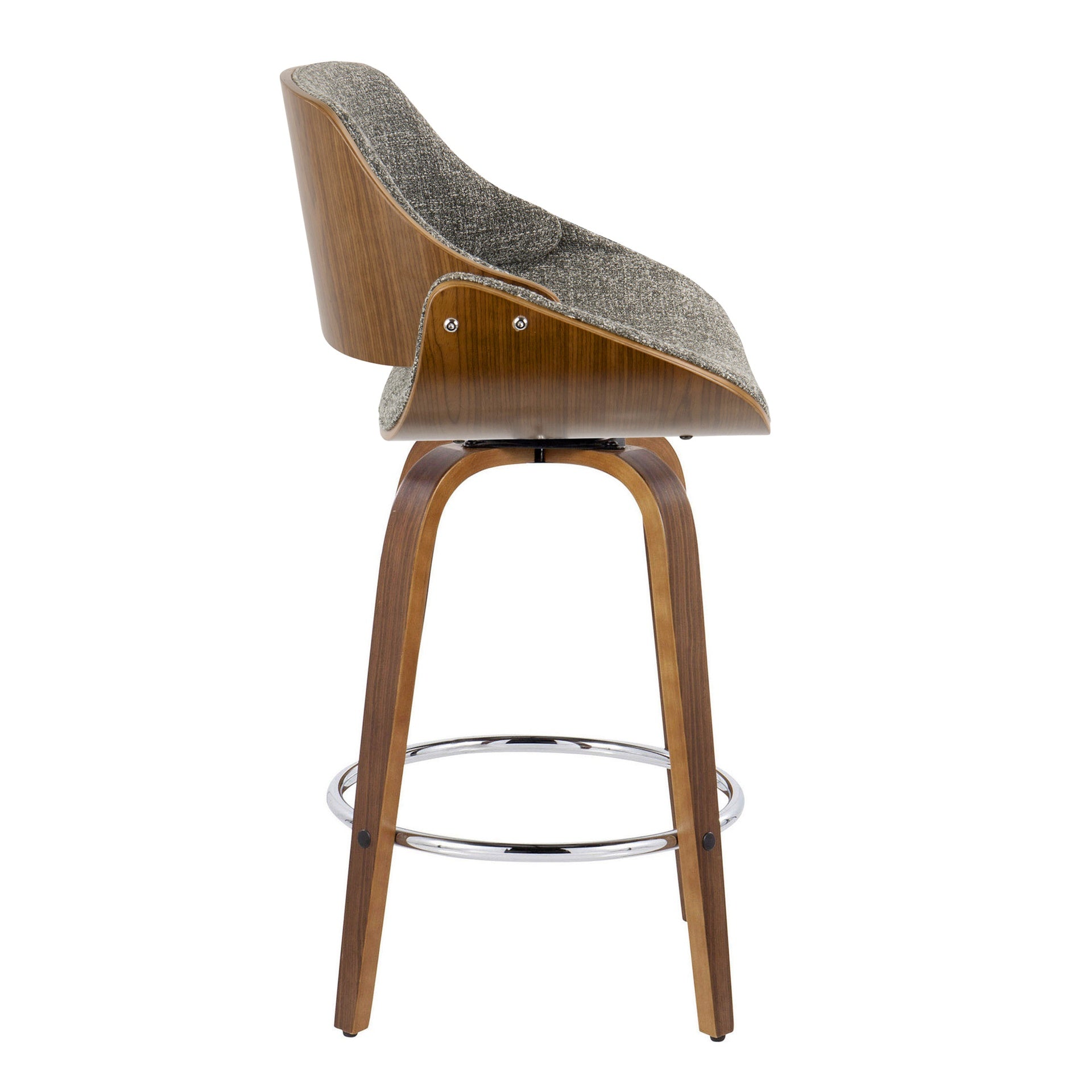 Fabrizzi 26" Mid-Century Modern Fixed-Height Counter Stool with Swivel in Walnut Wood and Noise Grey Fabric with Round Chrome Metal Footrest by LumiSource - Set of 2
