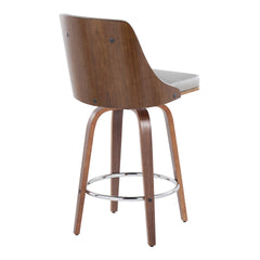 Gianna 26" Mid-Century Modern Fixed-Height Counter Stool with Swivel in Walnut Wood and Light Grey Faux Leather with Round Chrome Metal Footrest by LumiSource - Set of 2