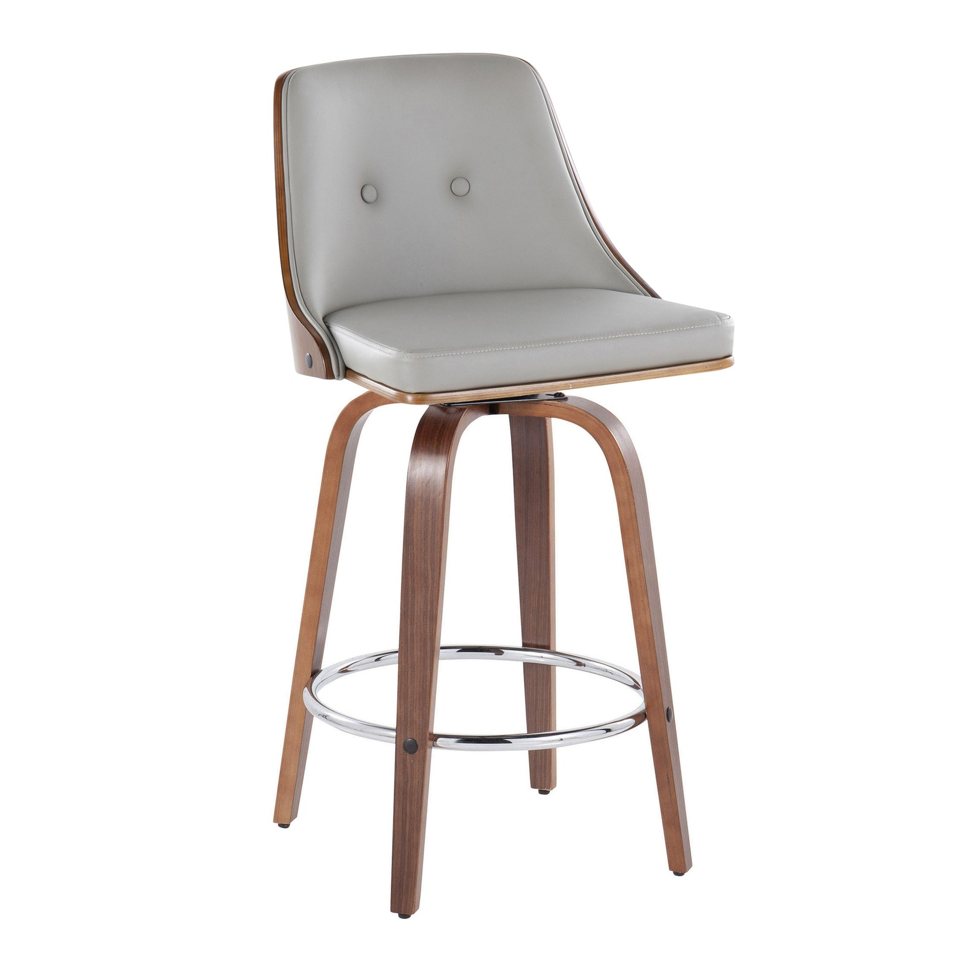 Gianna 26" Mid-Century Modern Fixed-Height Counter Stool with Swivel in Walnut Wood and Light Grey Faux Leather with Round Chrome Metal Footrest by LumiSource - Set of 2