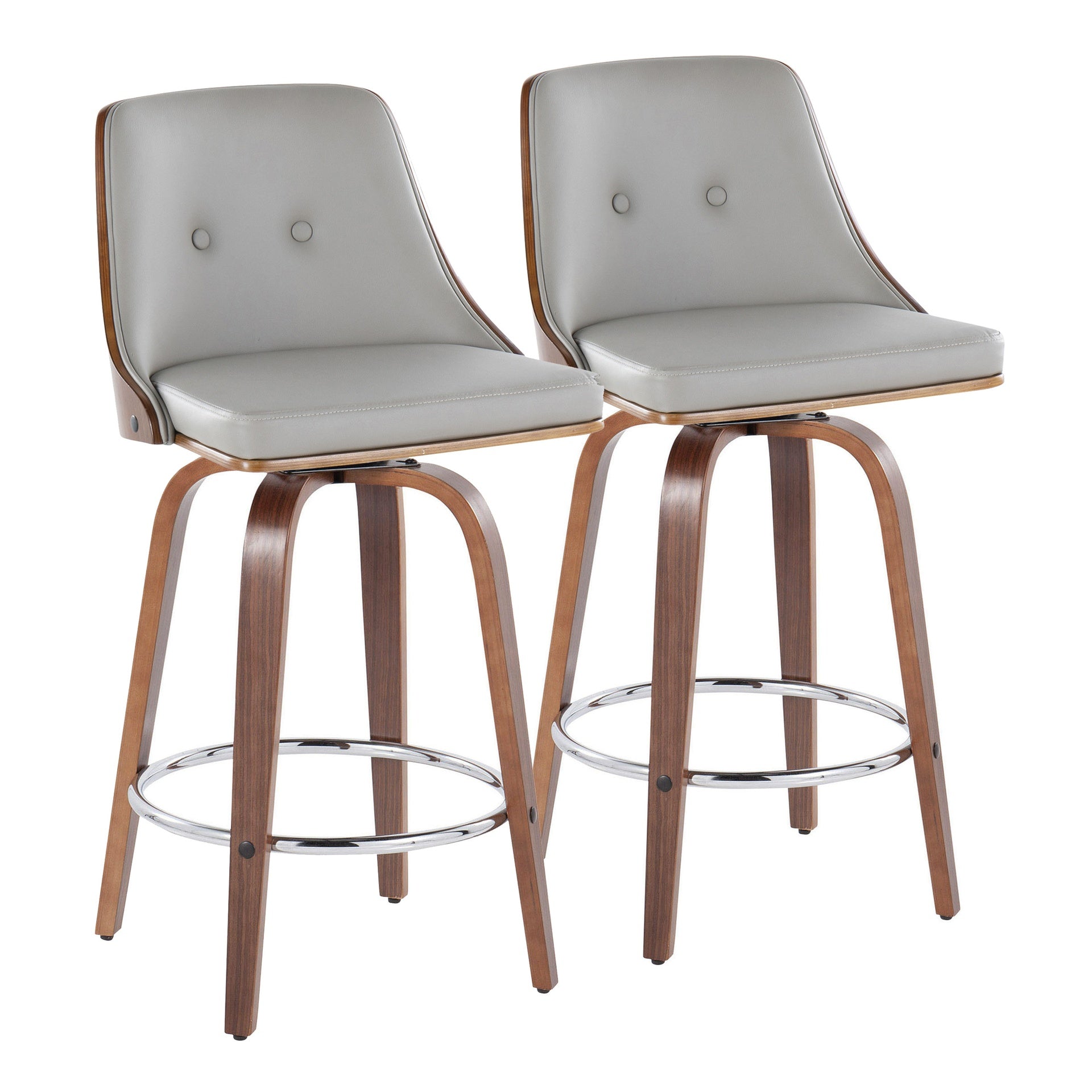 Gianna 26" Mid-Century Modern Fixed-Height Counter Stool with Swivel in Walnut Wood and Light Grey Faux Leather with Round Chrome Metal Footrest by LumiSource - Set of 2