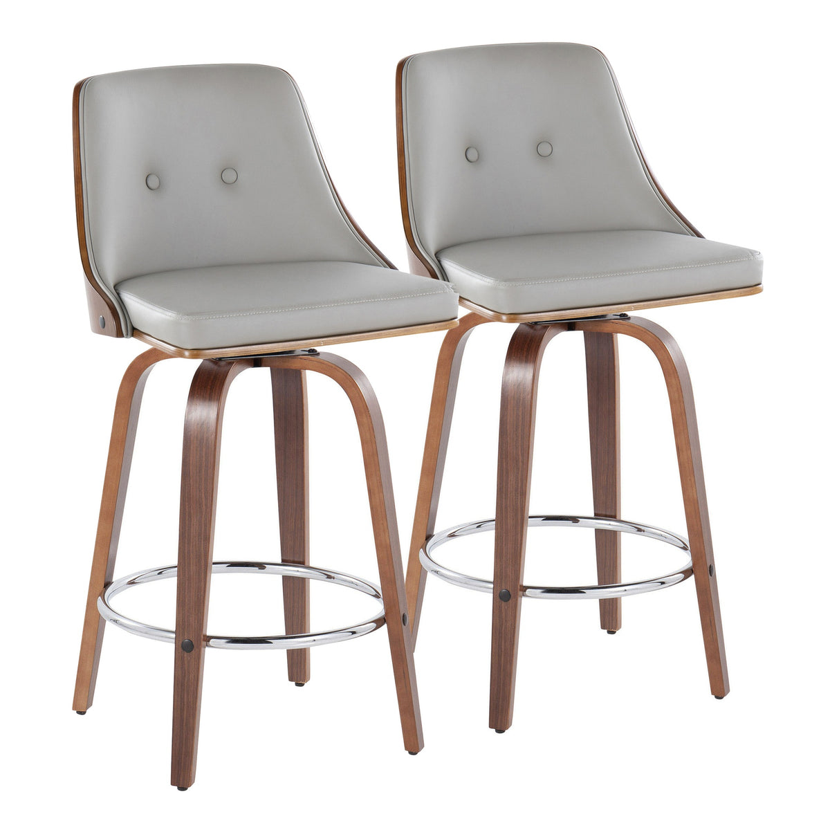 Gianna 26" Mid-Century Modern Fixed-Height Counter Stool with Swivel in Walnut Wood and Light Grey Faux Leather with Round Chrome Metal Footrest by LumiSource - Set of 2