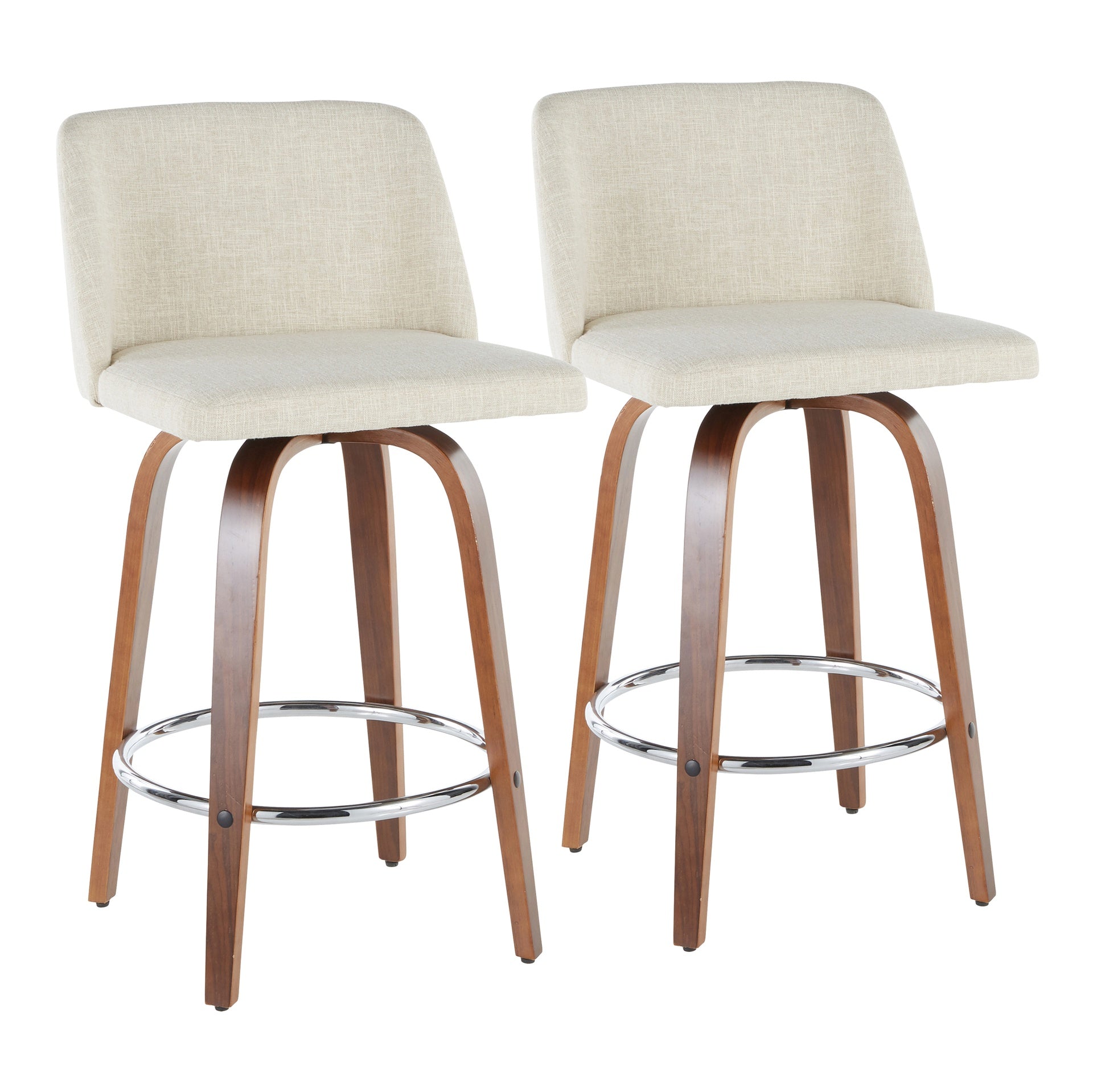 Toriano Mid-Century Modern Counter Stool in Walnut and Cream Fabric by LumiSource - Set of 2