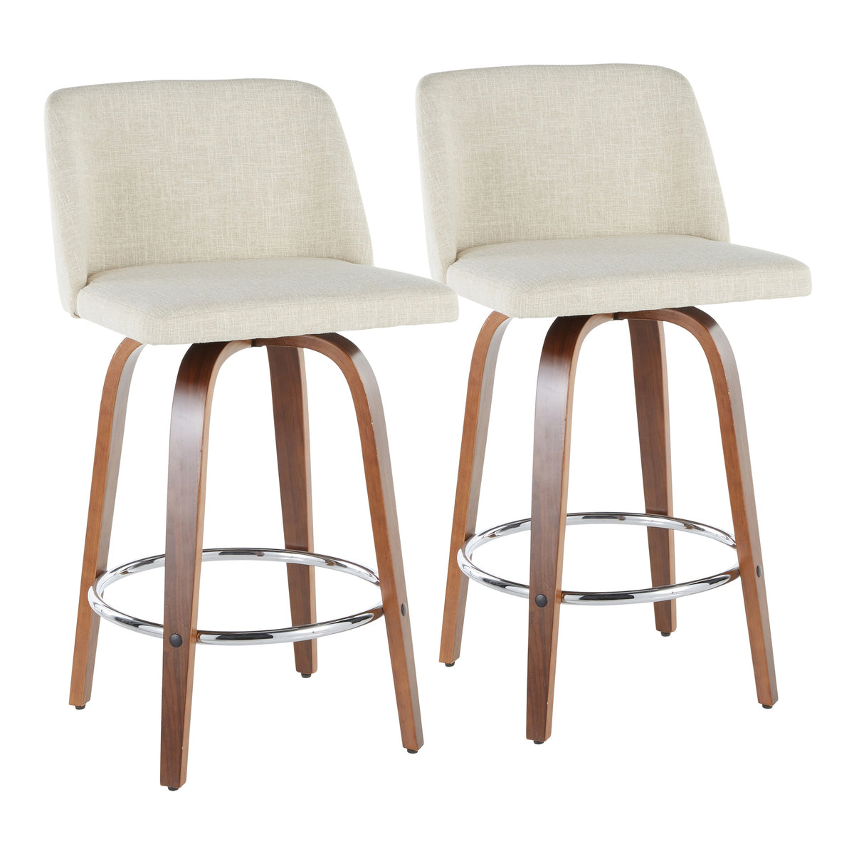 Toriano Mid-Century Modern Counter Stool in Walnut and Cream Fabric by LumiSource - Set of 2