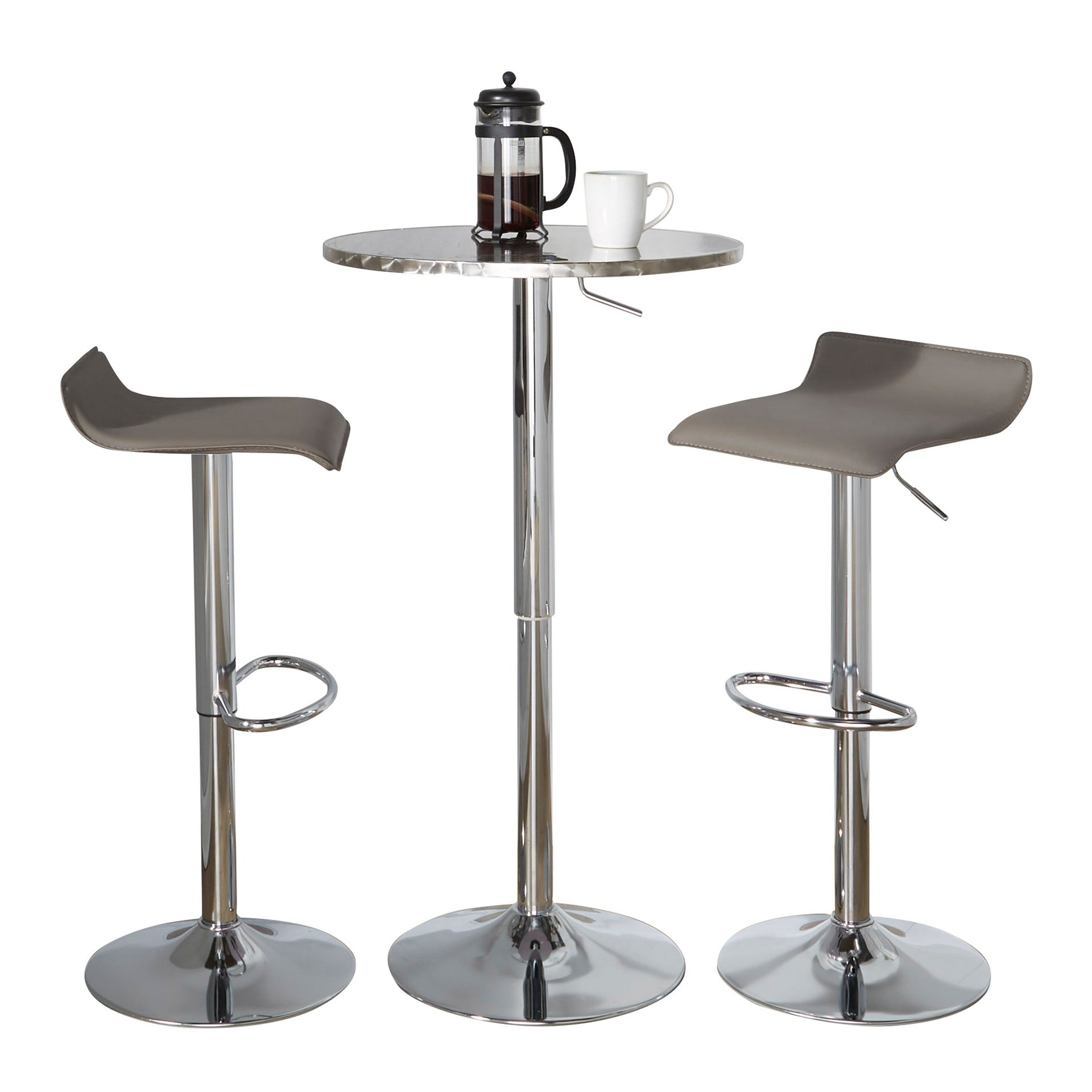 Bistro Round-Ale Contemporary Adjustable Bar Set in Silver and Chrome Metal with Grey PVC and Oval Footrest by LumiSource - 3 Piece