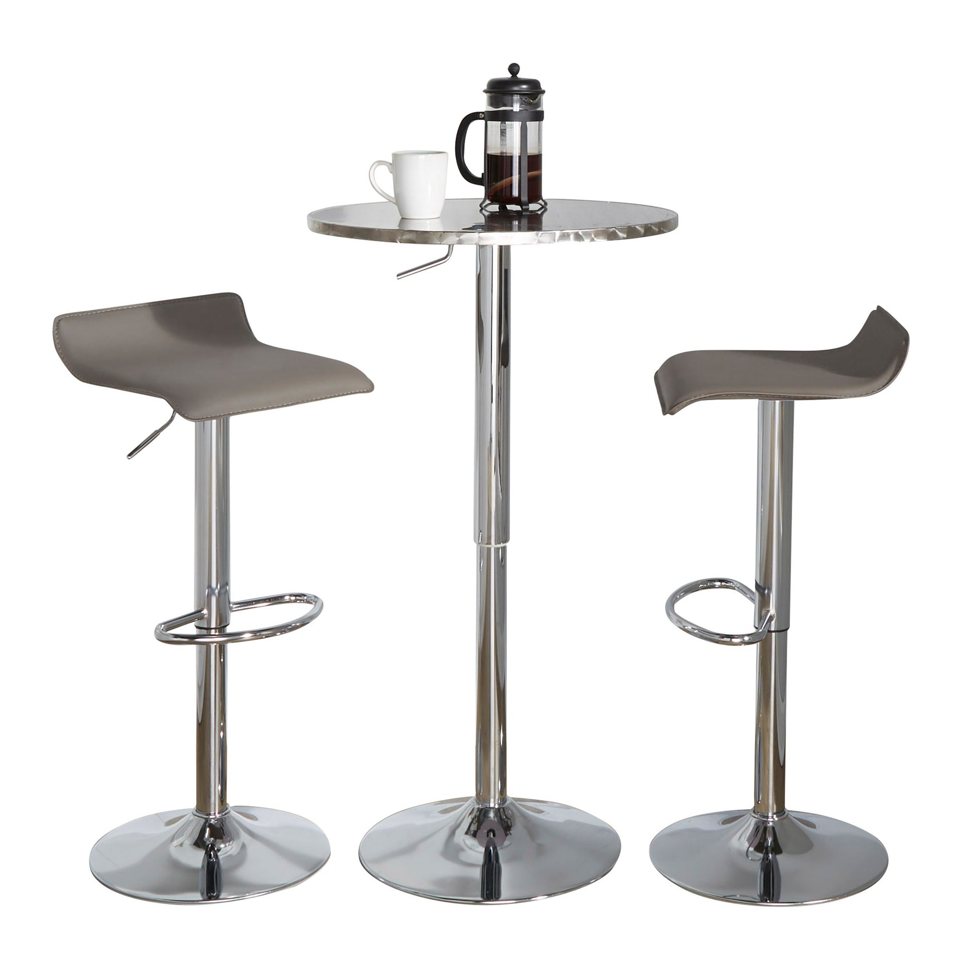 Bistro Round-Ale Contemporary Adjustable Bar Set in Silver and Chrome Metal with Grey PVC and Oval Footrest by LumiSource - 3 Piece