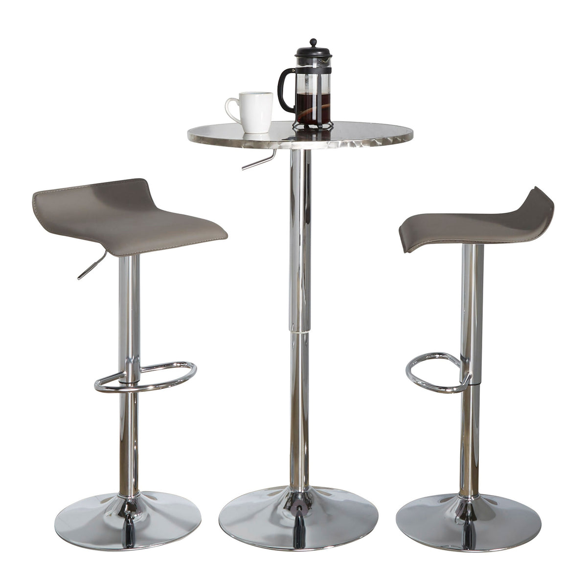 Bistro Round-Ale Contemporary Adjustable Bar Set in Silver and Chrome Metal with Grey PVC and Oval Footrest by LumiSource - 3 Piece