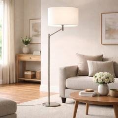 Horizon Brushed Nickel Table Lamp with On/Off Switch Curved Metal Base Linen Shade