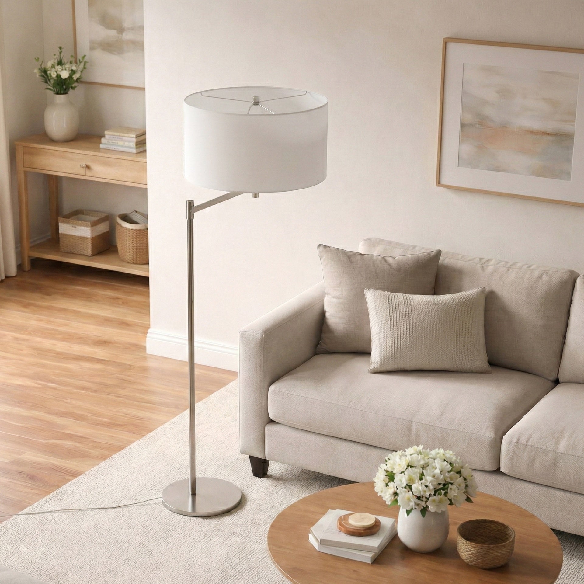 Horizon Brushed Nickel Table Lamp with On/Off Switch Curved Metal Base Linen Shade