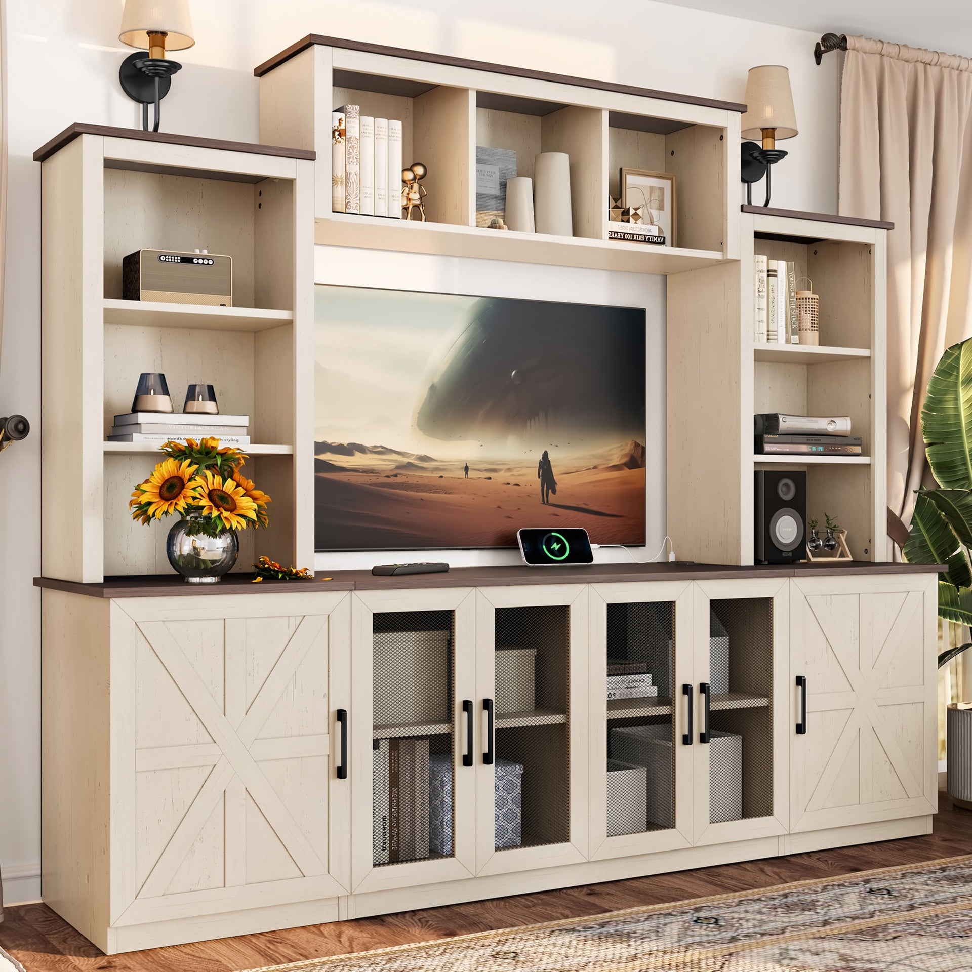 Wall Unit Entertainment Center with Charging Station and USB Charging for TVs,TV Stand with Large Storage Cabinet,Modern TV Stand Media Console with Cabinets,Beige