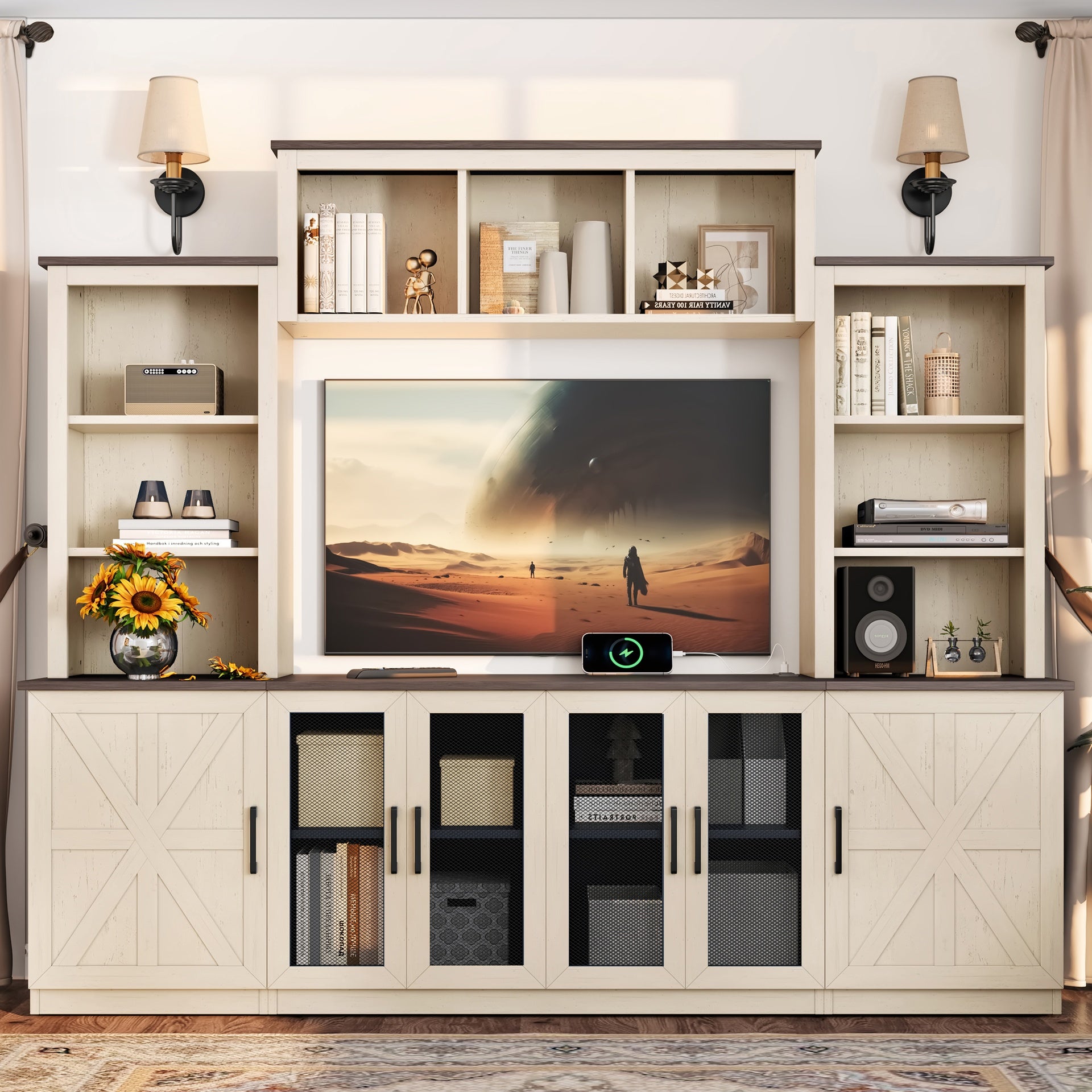 Wall Unit Entertainment Center with Charging Station and USB Charging for TVs,TV Stand with Large Storage Cabinet,Modern TV Stand Media Console with Cabinets,Beige