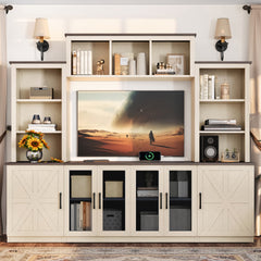 Wall Unit Entertainment Center with Charging Station and USB Charging for TVs,TV Stand with Large Storage Cabinet,Modern TV Stand Media Console with Cabinets,Beige