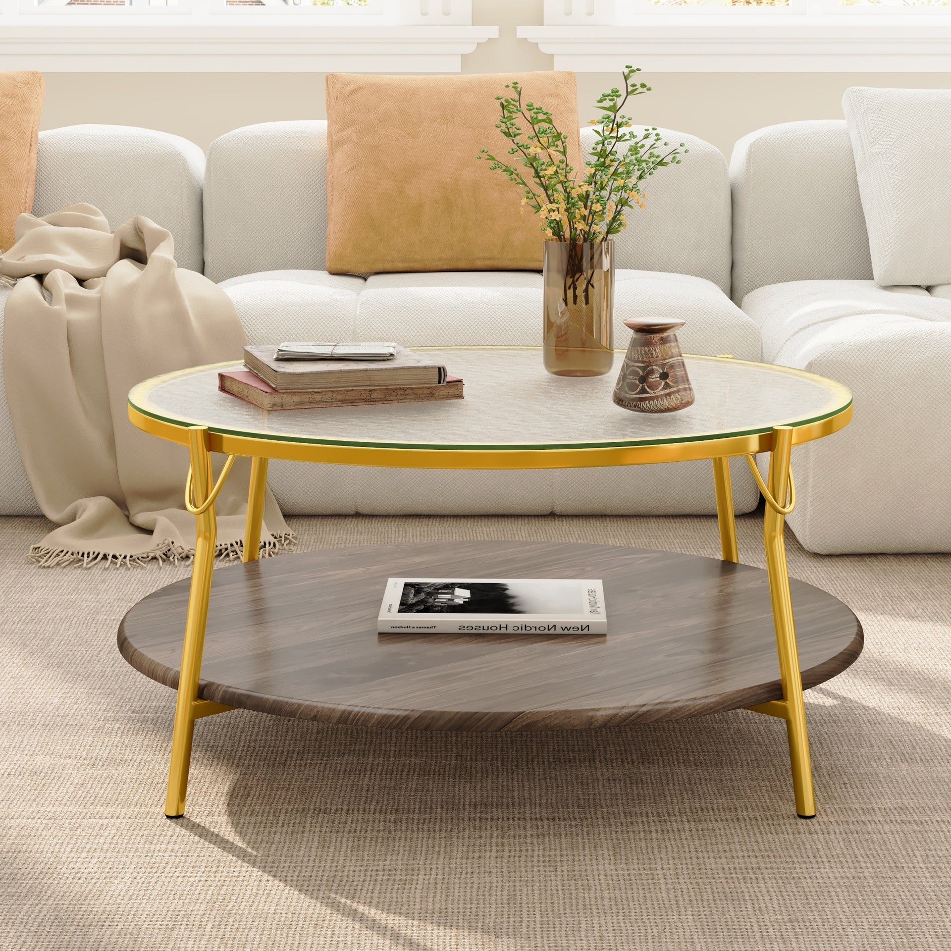 Modern Round Walnut 2-Tiered Coffee Table with Glass Top and Gold Base for Living Room, 29.9"