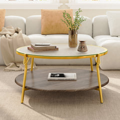 Modern Round Walnut 2-Tiered Coffee Table with Glass Top and Gold Base for Living Room, 29.9"