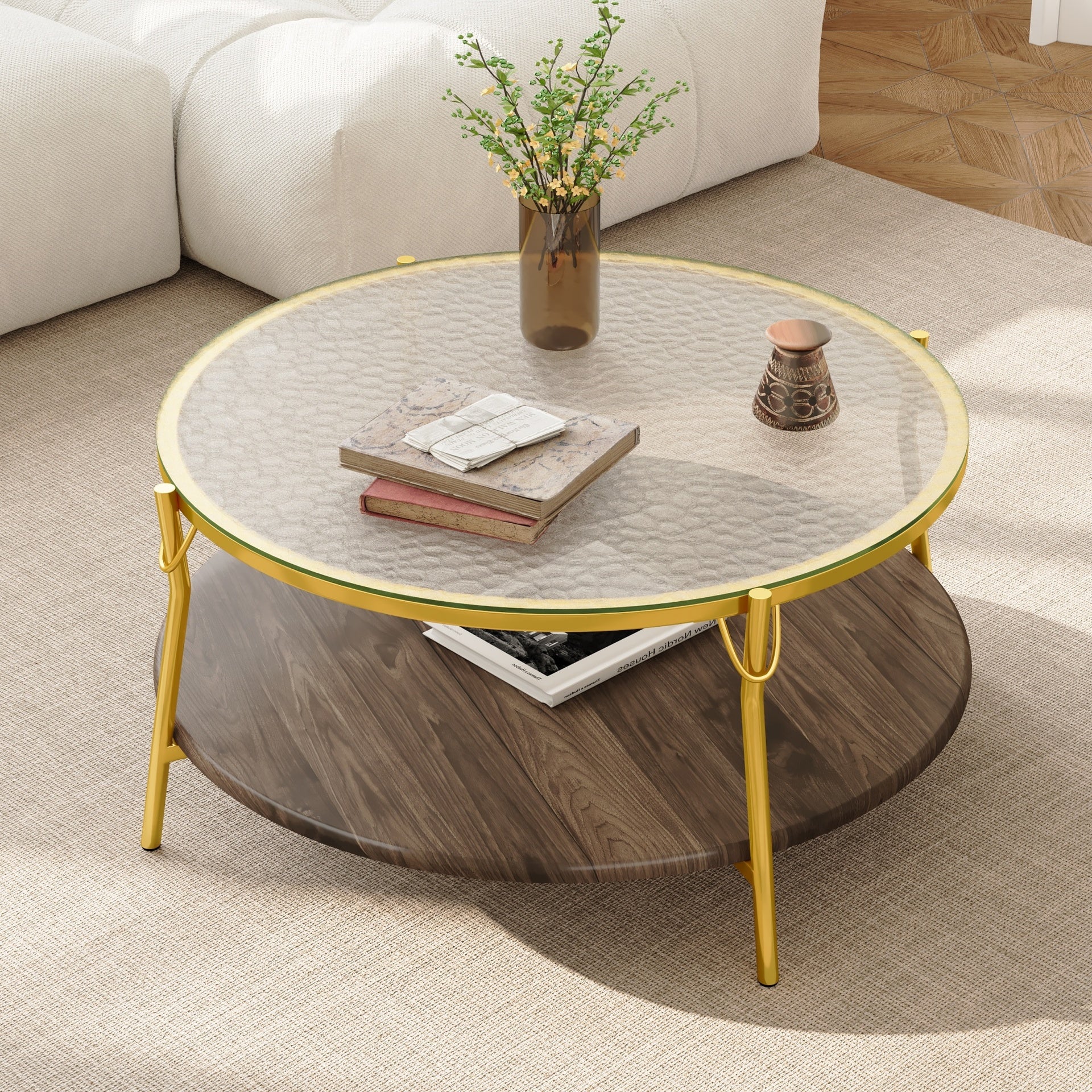 Modern Round Walnut 2-Tiered Coffee Table with Glass Top and Gold Base for Living Room, 29.9"