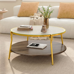 Modern Round Walnut 2-Tiered Coffee Table with Glass Top and Gold Base for Living Room, 29.9"