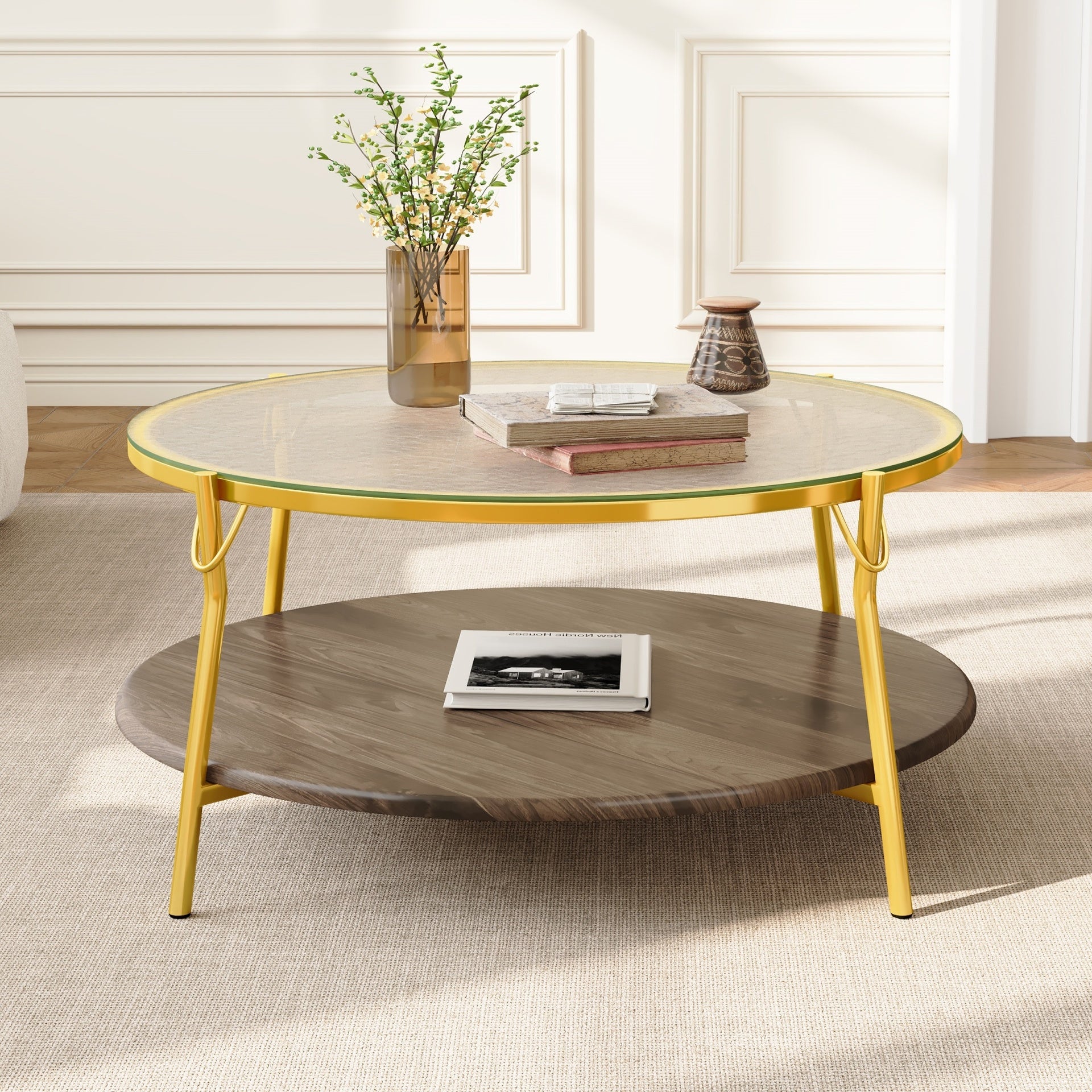 Modern Round Walnut 2-Tiered Coffee Table with Glass Top and Gold Base for Living Room, 29.9"