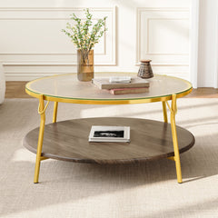 Modern Round Walnut 2-Tiered Coffee Table with Glass Top and Gold Base for Living Room, 29.9"
