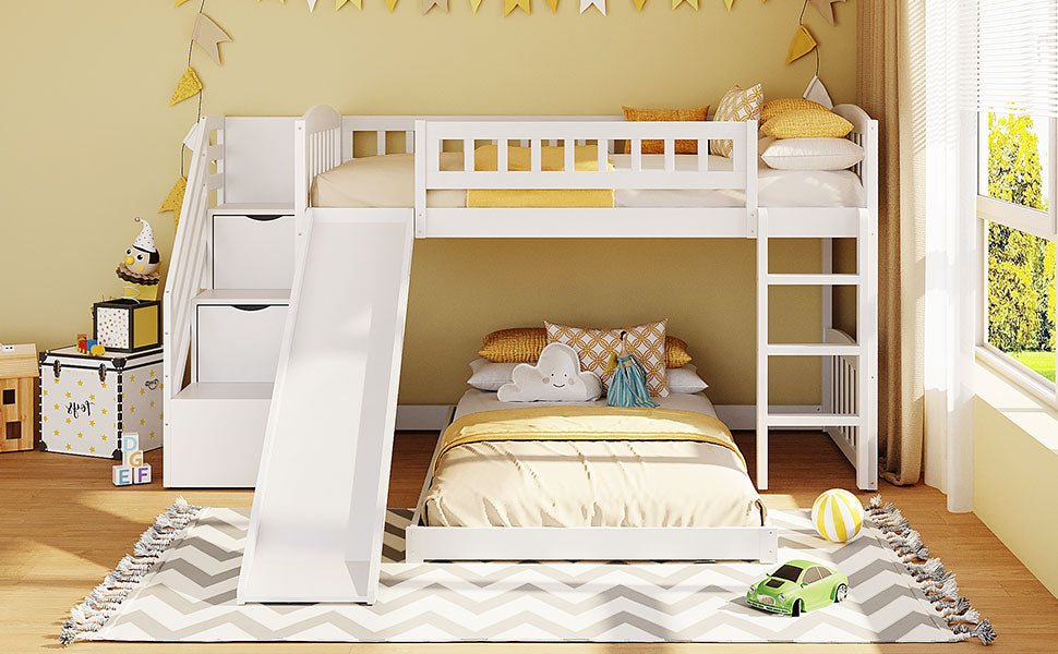 Stairway Twin over Twin Bunk Bed with Two Drawers and Slide, White