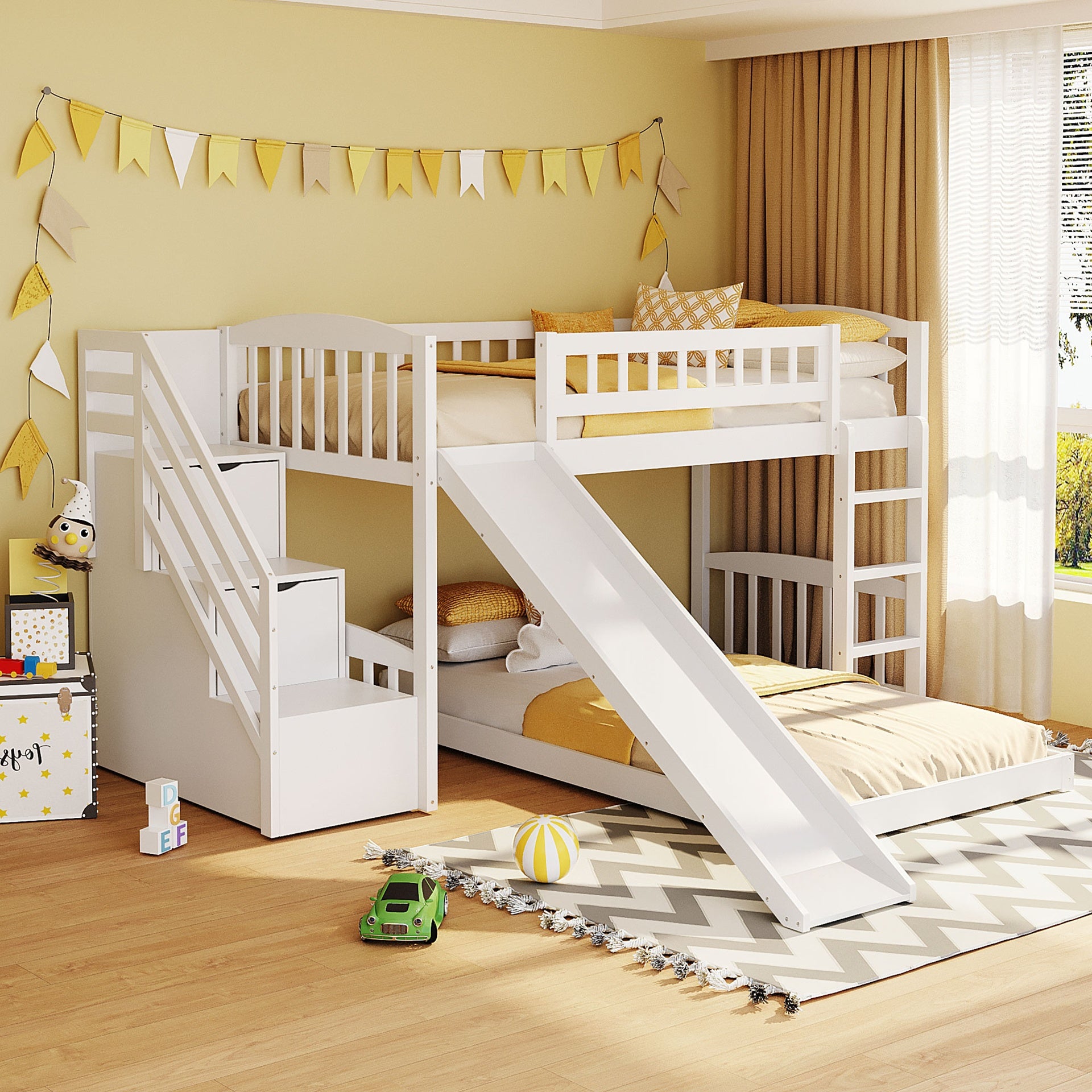 Stairway Twin over Twin Bunk Bed with Two Drawers and Slide, White