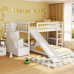 Stairway Twin over Twin Bunk Bed with Two Drawers and Slide, White