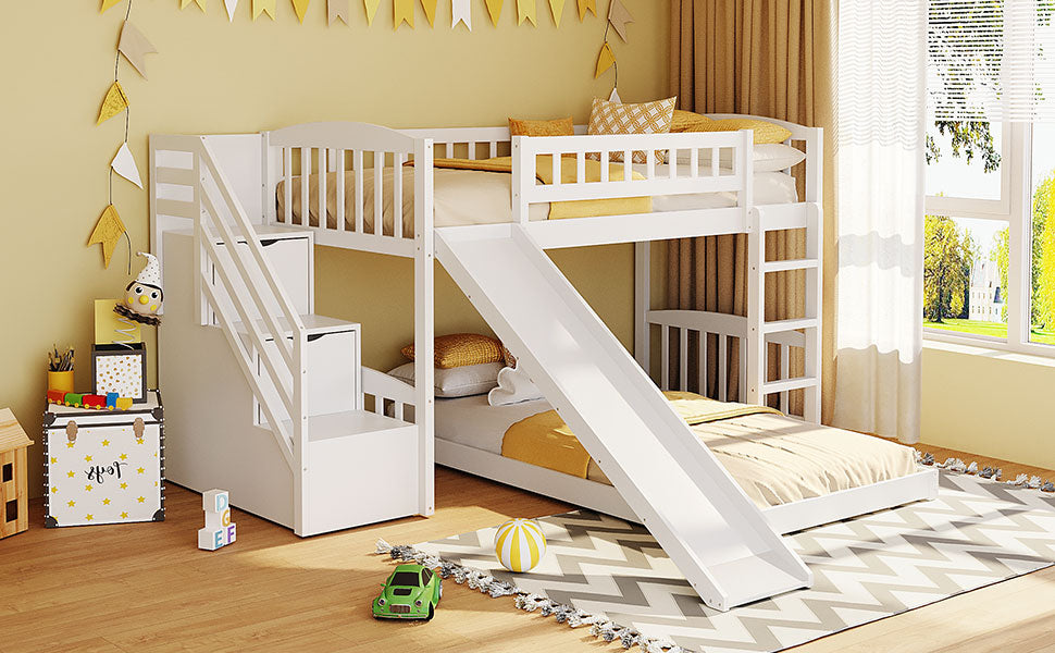 Stairway Twin over Twin Bunk Bed with Two Drawers and Slide, White