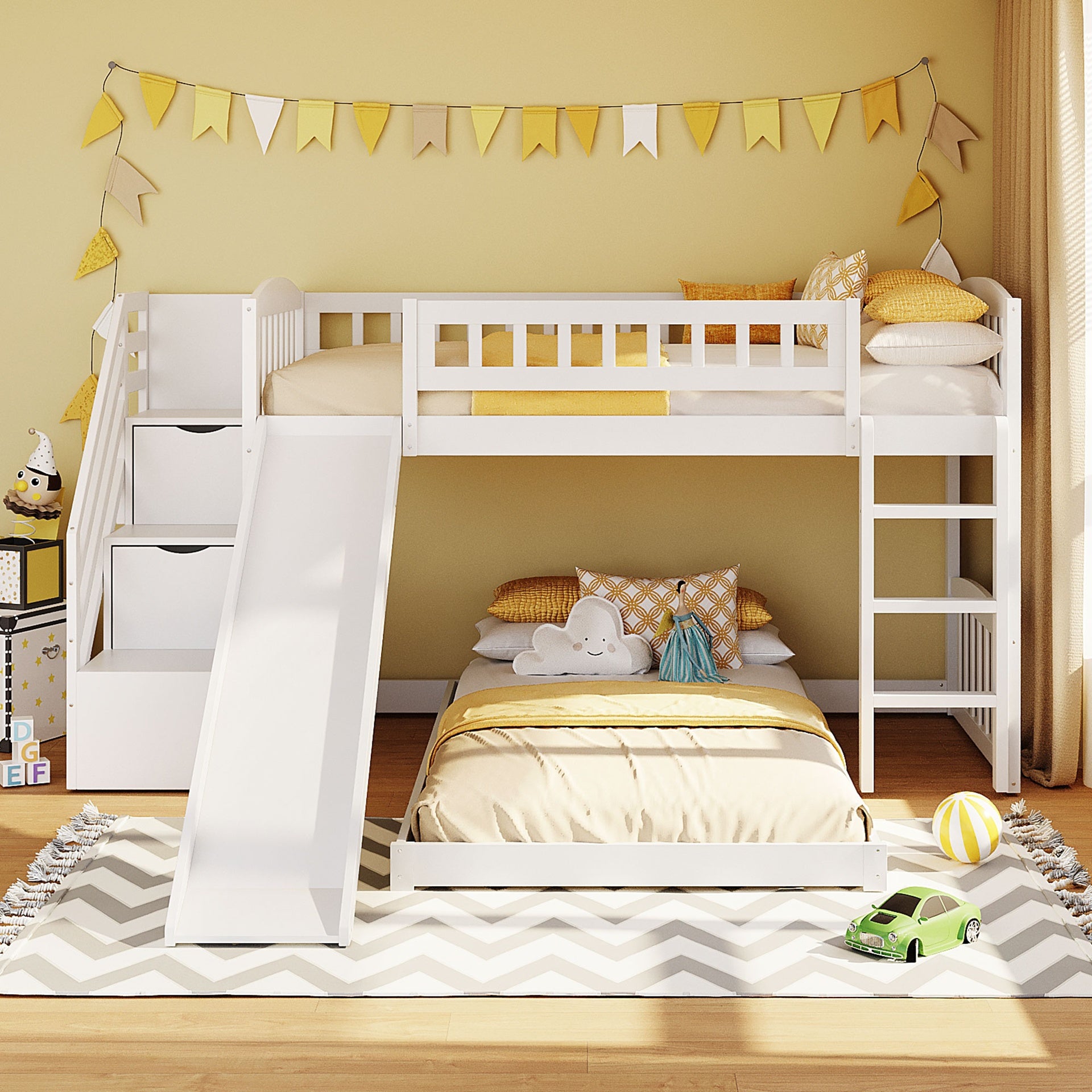Stairway Twin over Twin Bunk Bed with Two Drawers and Slide, White