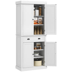 HOMCOM 72.5" Kitchen Pantry Cabinet, Traditional Freestanding Storage Cabinet with 4 Doors, Drawer and 3 Adjustable Shelves for Dining Room, White Wood Grain